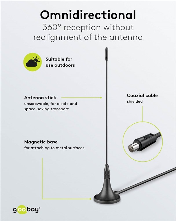 Goobay UHF/VHF/DVB-T/T2 antenne voor binnen en buiten | passief | 3 dBi | 2 meter - Afbeelding 4