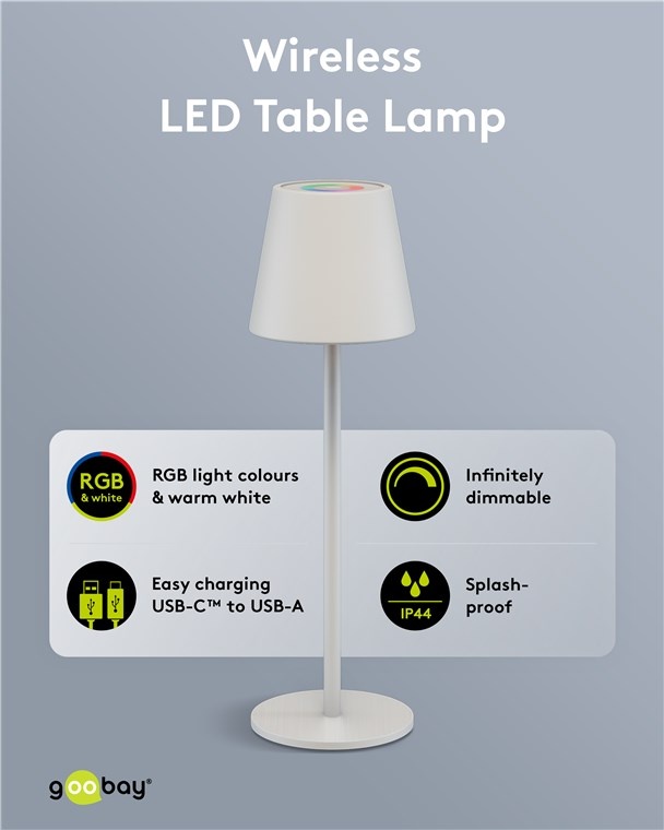 Goobay LED-tafellamp | RGB + warm wit | dimbaar | oplaadbaar (USB-C) | wit | IP44 - Afbeelding 2