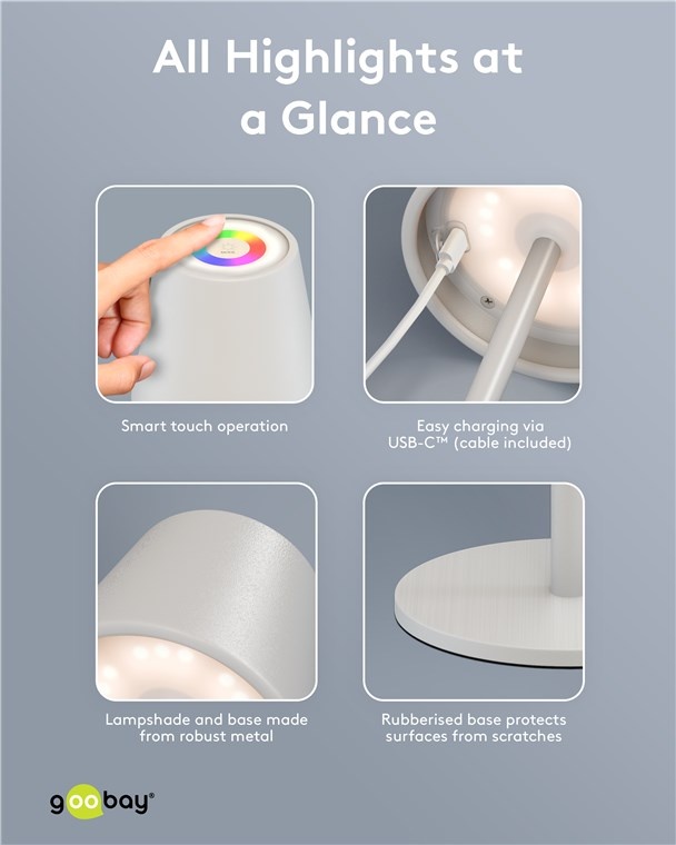Goobay LED-tafellamp | RGB + warm wit | dimbaar | oplaadbaar (USB-C) | wit | IP44 - Afbeelding 7