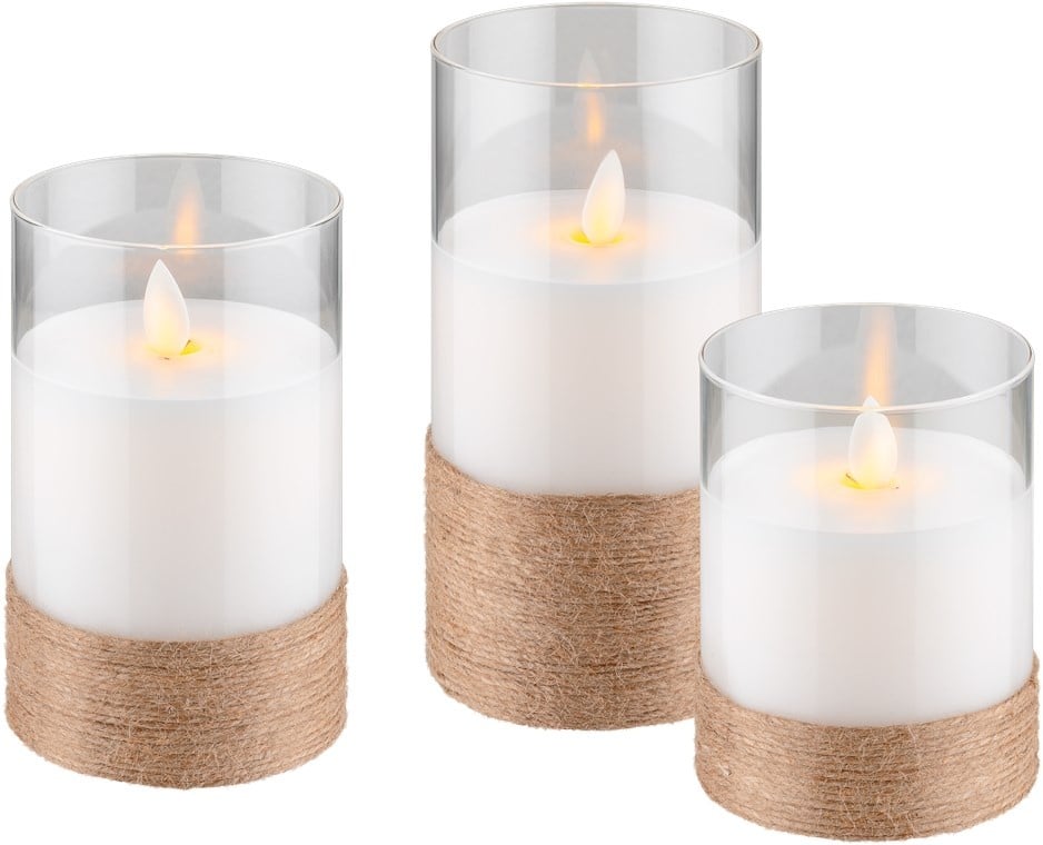 Goobay Set of 3 LED Real Wax Candles in Glass, White, Wrapped with Hemp, incl. 8x AA (LR6)