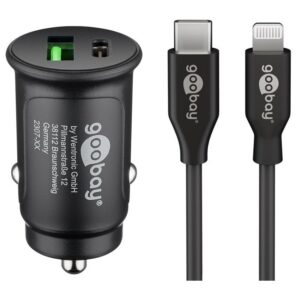 Goobay autolader met 1x USB-A QC en 1x USB-C PD en losse Lightning kabel | 27W