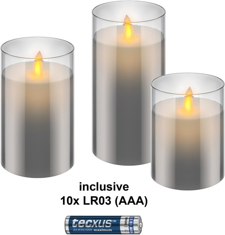 Goobay Set of 3 LED Real Wax Candles in Glass, Grey-Transparent, incl. 10x AAA (LR03)