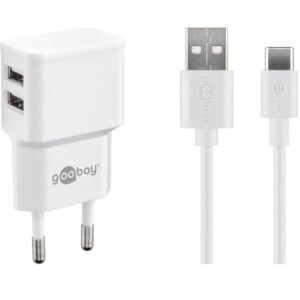 Goobay USB-A thuislader met 2 poorten en losse USB-C kabel - 2,4A / (meerdere kleuren)