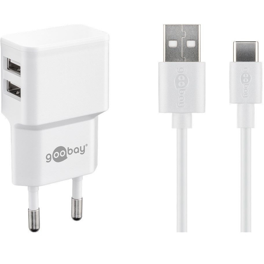 Goobay USB-A thuislader met 2 poorten en losse USB-C kabel - 2,4A / - 1 meter