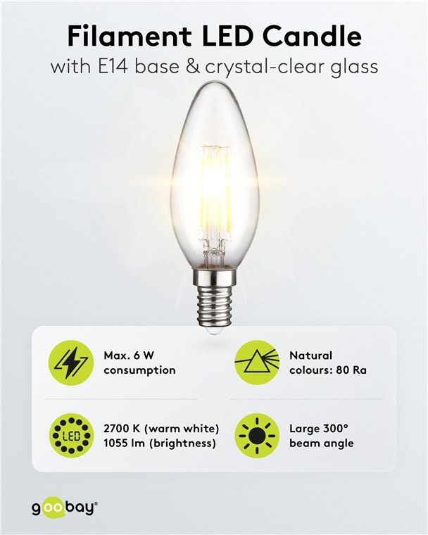 Goobay LED-filamentlamp | warm wit | E14 | C35 | 6W - Afbeelding 2