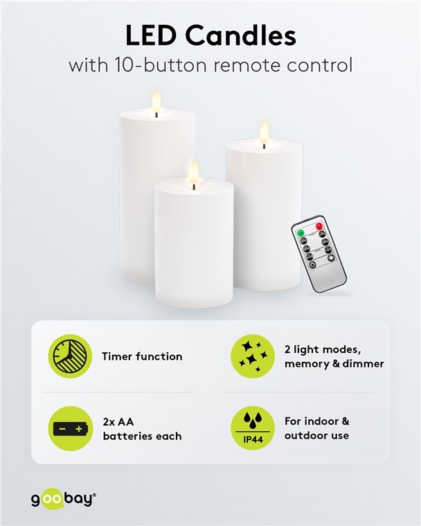 Goobay LED-kaarsenset | 3 stuks | afstandsbediening | wit | IP44 - Afbeelding 2