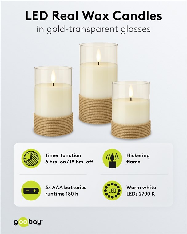 Goobay glazen LED-kaarsenset | 3 stuks | timerfunctie | bruin | IP20 - Afbeelding 2