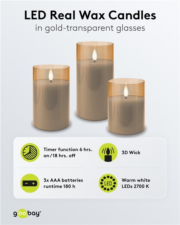 Goobay glazen LED-kaarsenset | 3 stuks | timerfunctie | goud | IP20 - Afbeelding 2