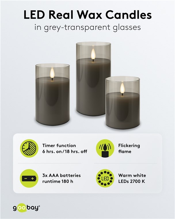Goobay glazen LED-kaarsenset | 3 stuks | timerfunctie | grijs | IP20 - Afbeelding 2