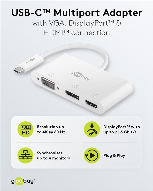 Goobay USB-C - DisplayPort 4K 60Hz, HDMI 4K 30Hz en VGA 1080p adapter | wit | 0,15 meter - Afbeelding 2