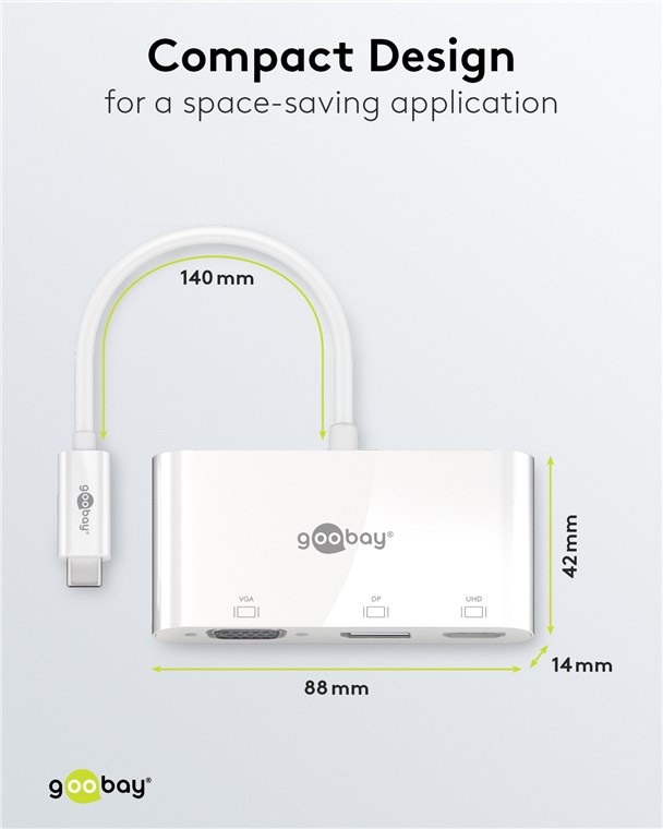 Goobay USB-C - DisplayPort 4K 60Hz, HDMI 4K 30Hz en VGA 1080p adapter | wit | 0,15 meter - Afbeelding 3