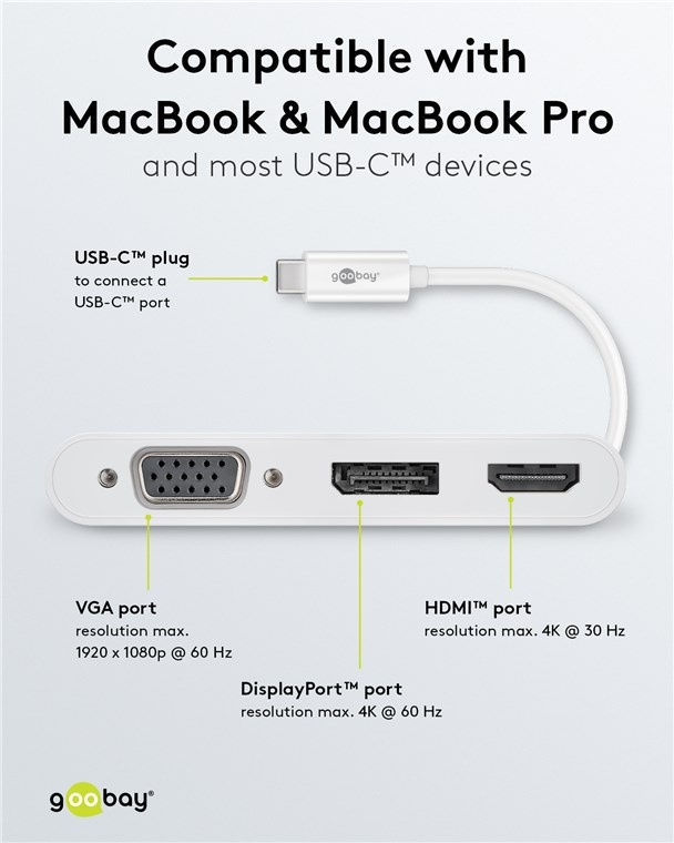 Goobay USB-C - DisplayPort 4K 60Hz, HDMI 4K 30Hz en VGA 1080p adapter | wit | 0,15 meter - Afbeelding 4
