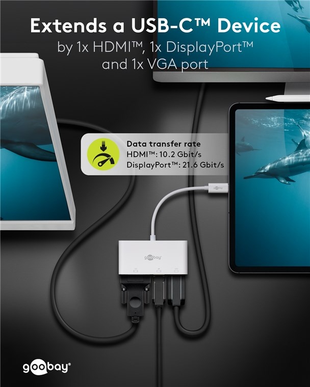 Goobay USB-C - DisplayPort 4K 60Hz, HDMI 4K 30Hz en VGA 1080p adapter | wit | 0,15 meter - Afbeelding 5