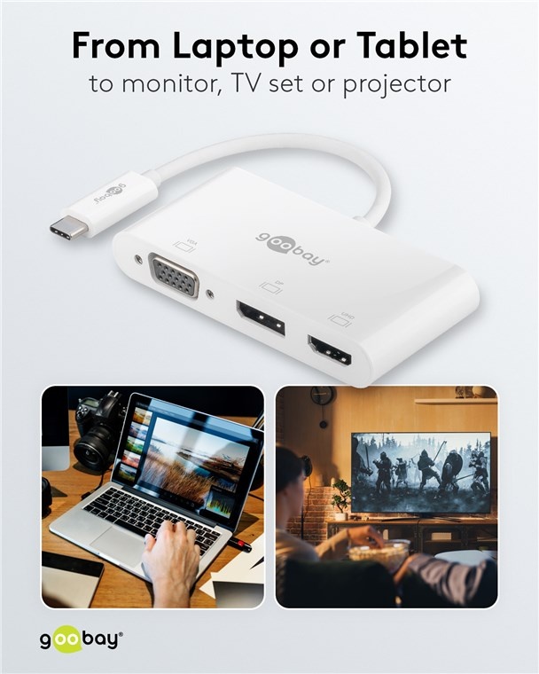 Goobay USB-C - DisplayPort 4K 60Hz, HDMI 4K 30Hz en VGA 1080p adapter | wit | 0,15 meter - Afbeelding 6