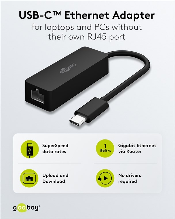Goobay USB-C naar RJ45 LAN adapter | USB3.0 | CAT6 | zwart | 0,10 meter - Afbeelding 2