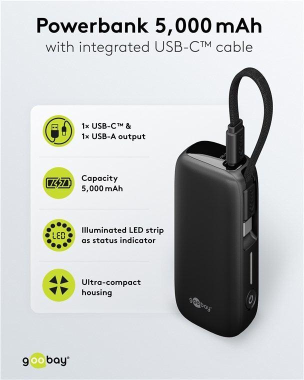 Goobay powerbank met kabel | USB-C PD 20W + USB-A QC | 5.000 mAh - Afbeelding 2