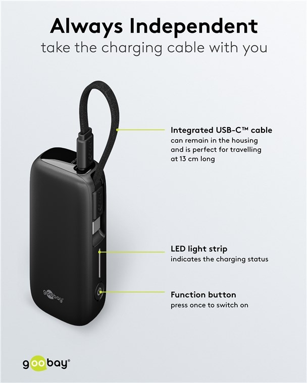 Goobay powerbank met kabel | USB-C PD 20W + USB-A QC | 5.000 mAh - Afbeelding 5