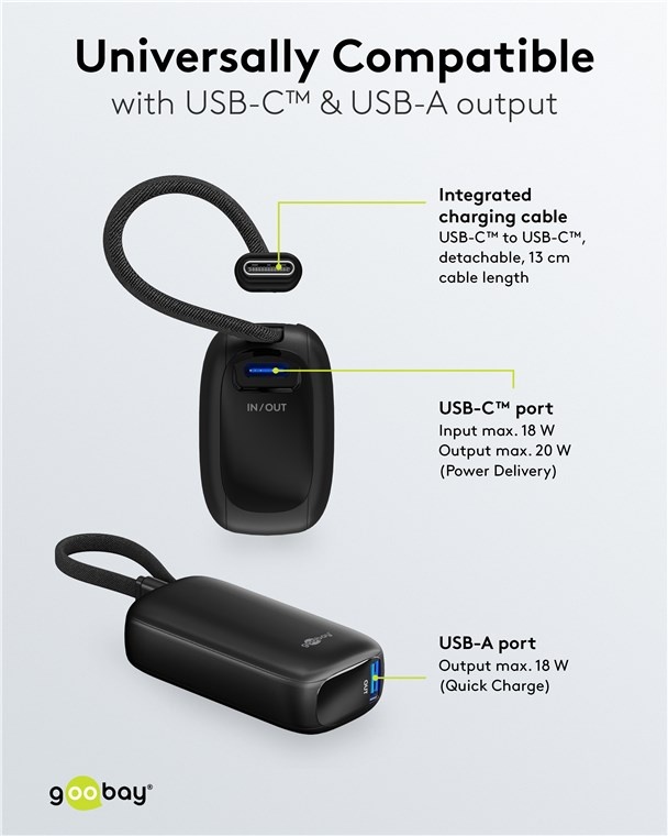 Goobay powerbank met kabel | USB-C PD 20W + USB-A QC | 5.000 mAh - Afbeelding 6