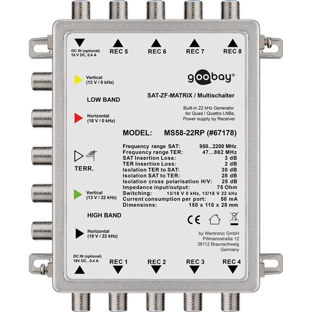 Goobay passieve satelliet multiswitch | 5 ingangen / 8 uitgangen