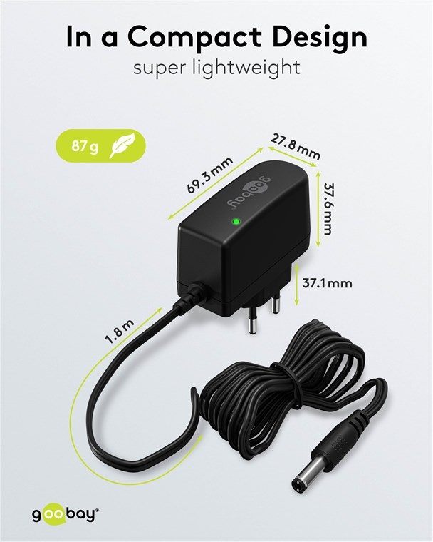 Goobay voedingsadapter | 12V DC | 0,6A | 7,2W | 5,5 x 2,1mm | 1,8 meter - Afbeelding 3