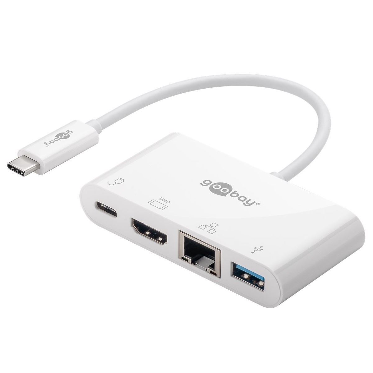 Goobay USB-C naar HDMI 4K 30Hz, USB-A, USB-C PD 60W en RJ45 adapter / wit - 0,15 meter - Afbeelding 2