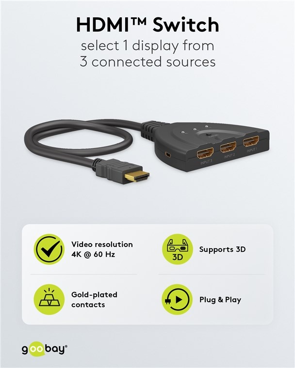 Goobay HDMI schakelaar 3 naar 1 - HDMI2.0 (4K 60Hz + HDR) / zwart - 0,50 meter - Afbeelding 4
