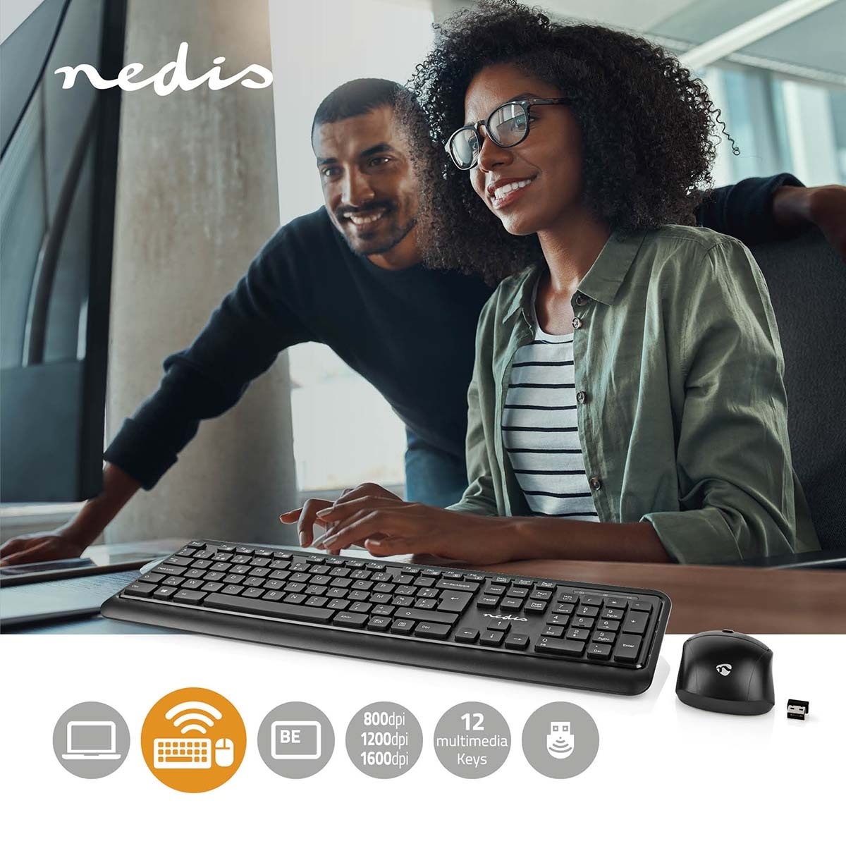 Nedis draadloze USB toetsenbord en muis set - AZERTY (BE) / zwart - Afbeelding 8