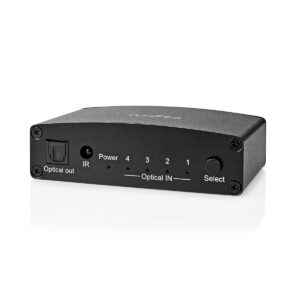 Digitale Audio-Switch | 4-wegs | Ingangen audio / video / data: DC Power / 4x TosLink | Uitgangen audio / video / data: TosLink Female | Afstandsbediening / Drukknop / Manueel | Metaal | Zwart