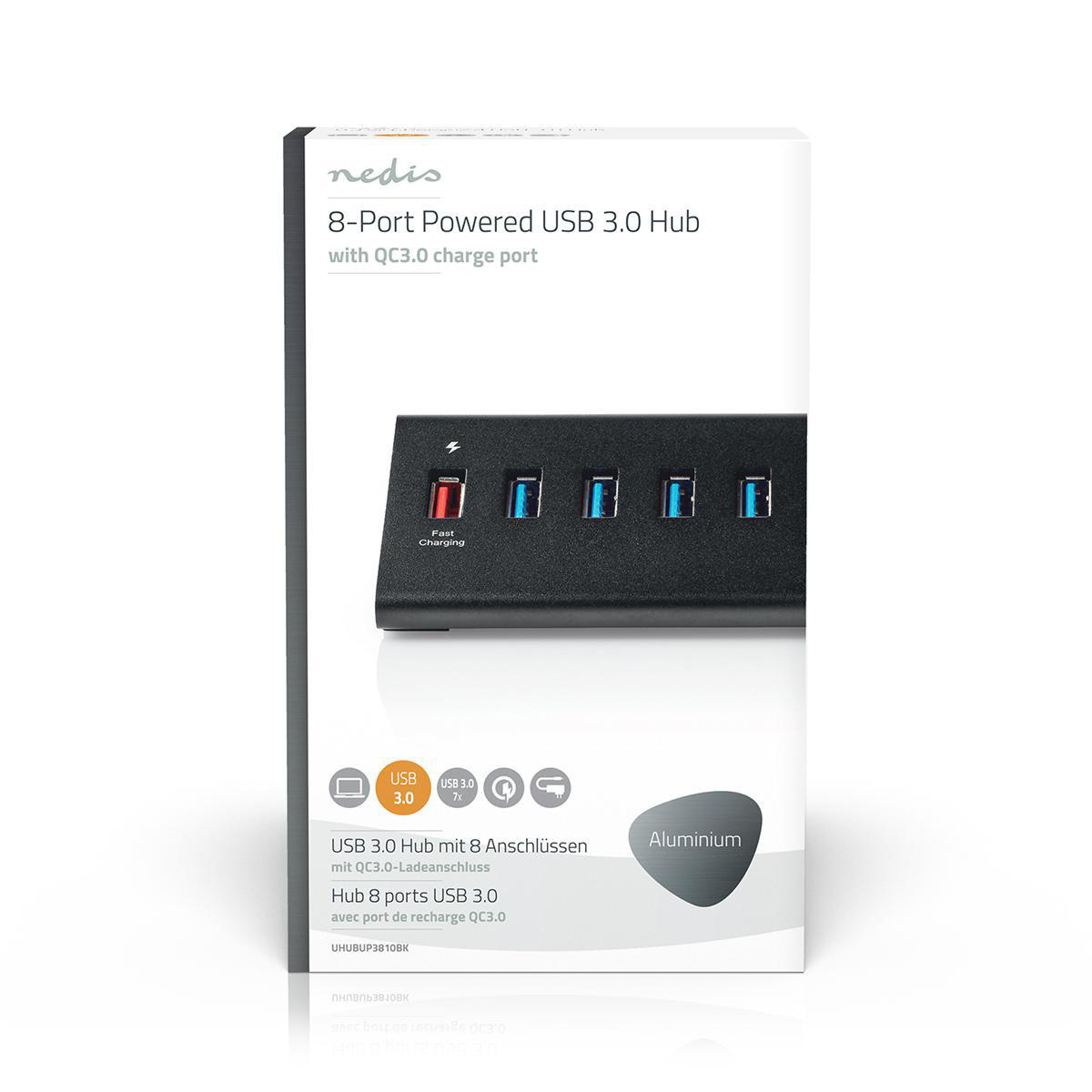 Nedis USB hub met 8 poorten - USB3.0 - Quick Charge 3.0 - externe 12V voeding / zwart - 1 meter - Afbeelding 7