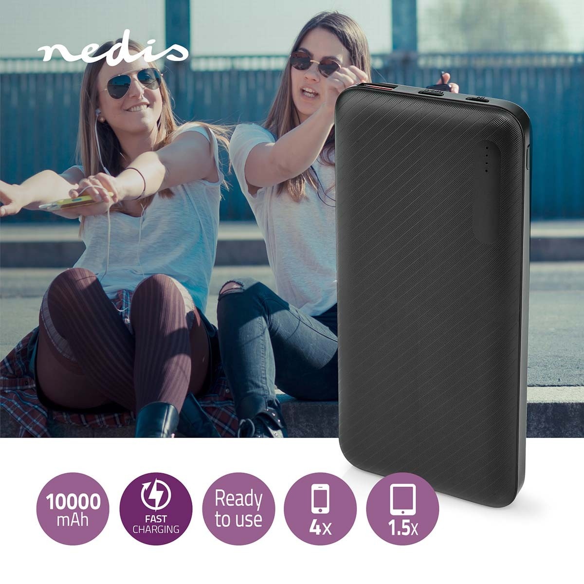 Nedis Powerbank Fast Charge met 1x USB-A en 1x USB-C (max. 3A) - 10.000 mAh / zwart - Afbeelding 8