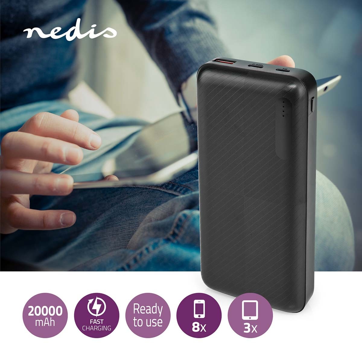 Nedis Powerbank Fast Charge met 1x USB-A en 1x USB-C (max. 3A) - 20.000 mAh / zwart - Afbeelding 8