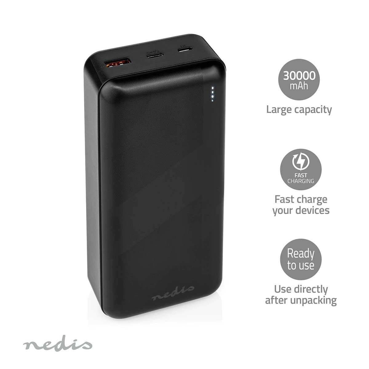 Nedis Powerbank Fast Charge met 1x USB-A en 1x USB-C (max. 3A) - 30.000 mAh / zwart - Afbeelding 6