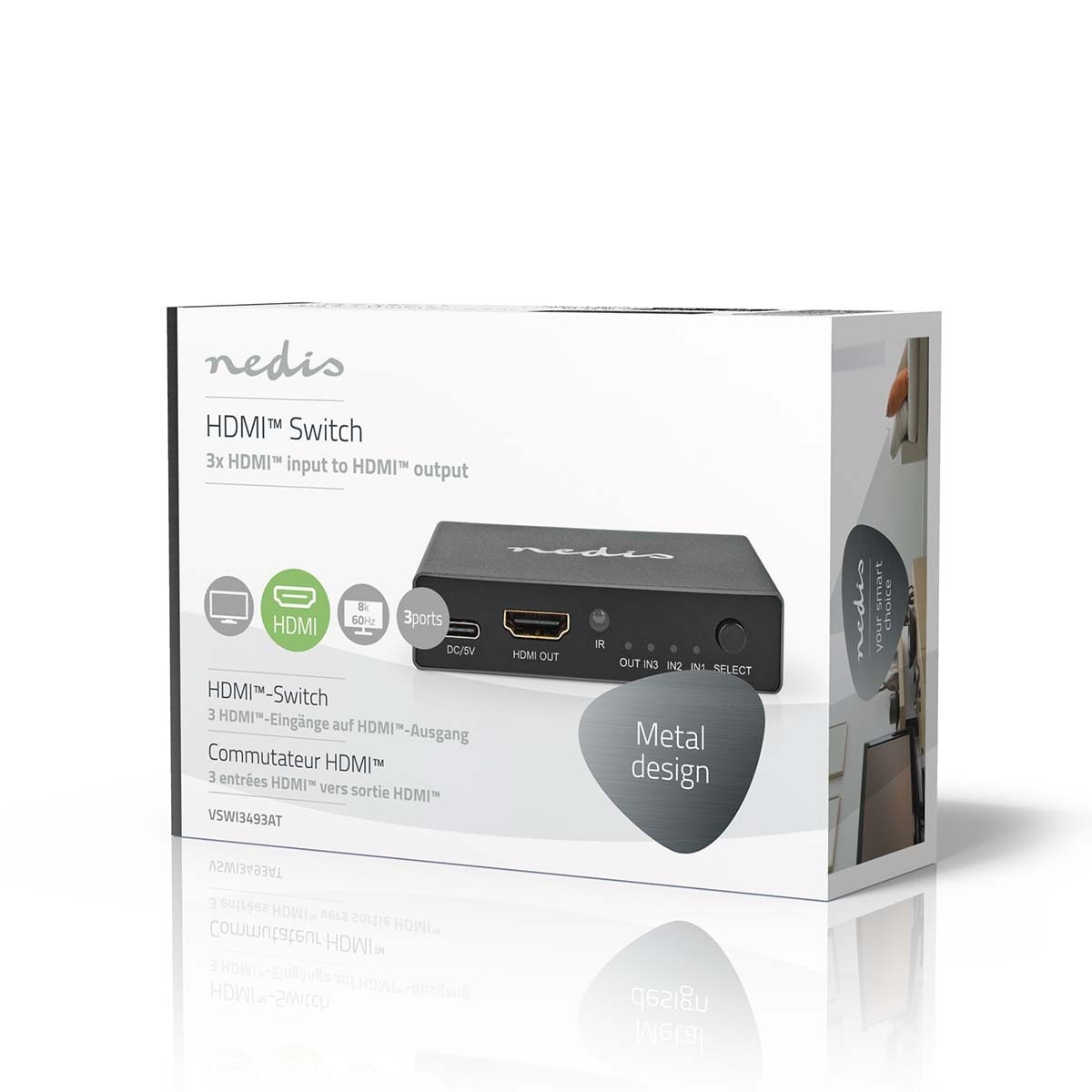 Nedis HDMI schakelaar 3 naar 1 met afstandsbediening - HDMI2.1 (8K 60Hz + HDR) / zwart - Afbeelding 4