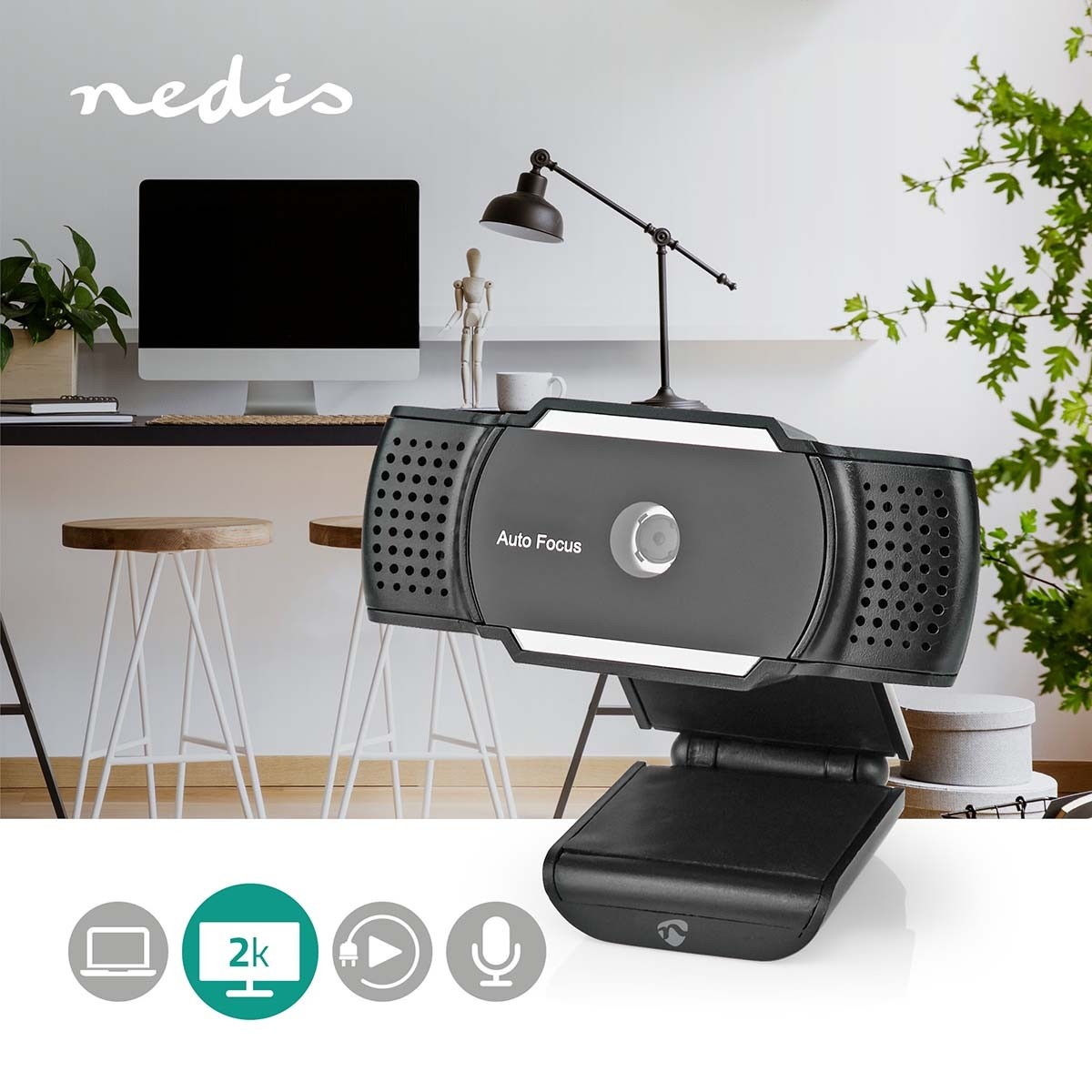 Nedis USB webcam met microfoon en klem/standaard - 2K Quad HD / zwart - 1,5 meter - Afbeelding 8