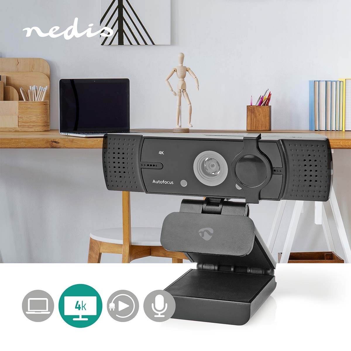 Nedis USB webcam met microfoon en klem/standaard - 4K Ultra HD / zwart - 1,4 meter - Afbeelding 8
