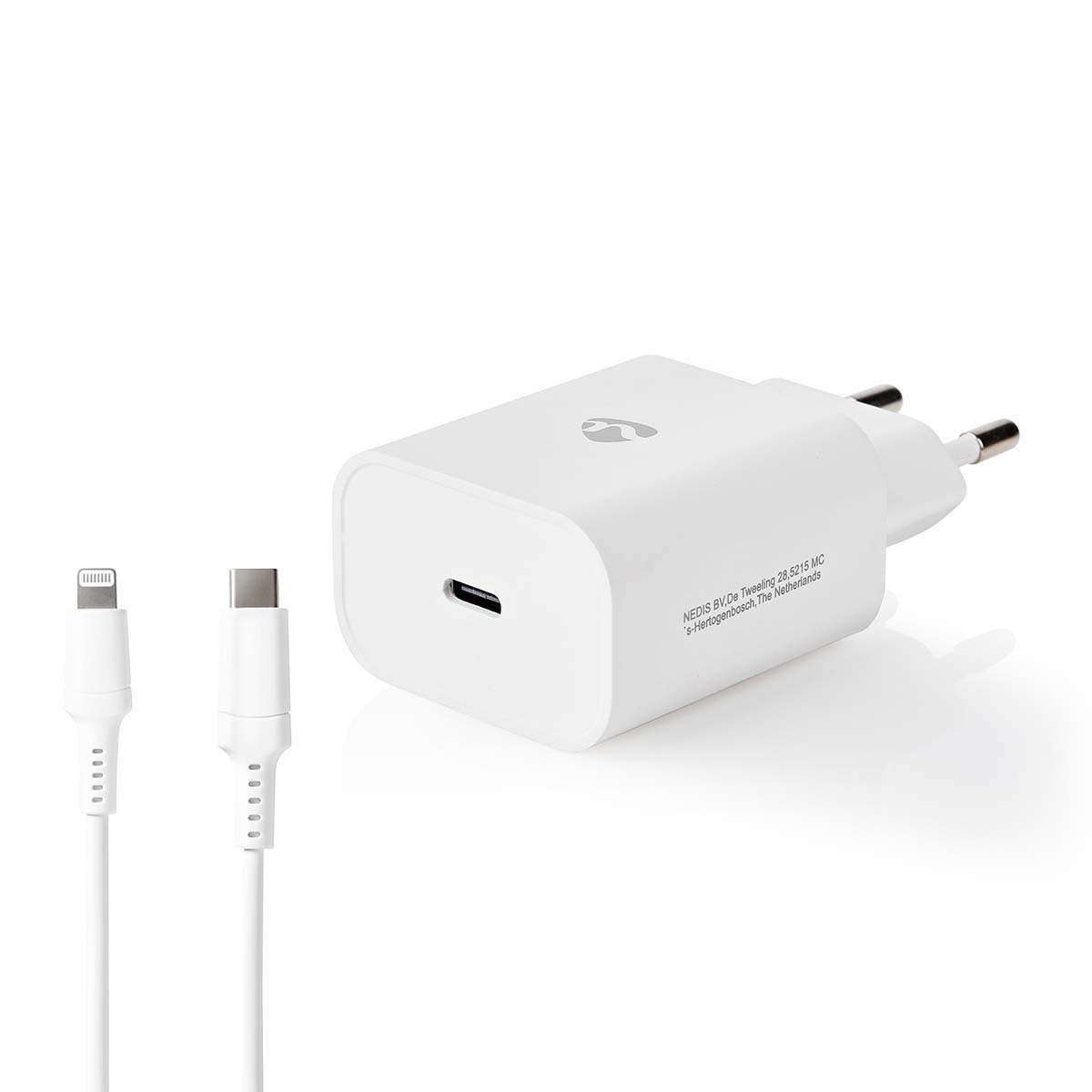 Nedis thuislader met 1 USB-C PD poort en losse 8-pins Lightning - USB-C kabel - 20W / wit - 1 meter - Afbeelding 2