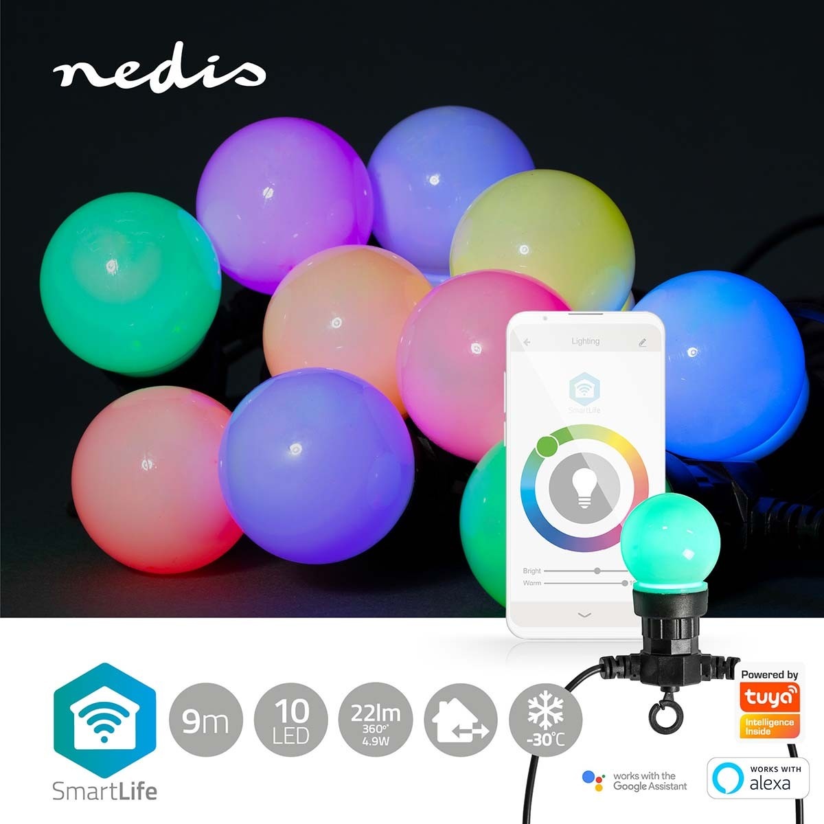 Nedis SmartLife Wi-Fi decoratieve LED-feestverlichting (grote bollen) - 9m - 10 LED's / full-color - Afbeelding 9
