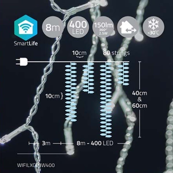 Nedis SmartLife Wi-Fi decoratief LED-ijspegelgordijn - 80x 0,4m/0,6m - 400 LED's / koud-wit - Afbeelding 6