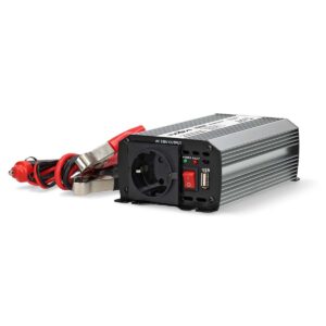 Omvormer Gemodificeerde Sinusgolf | Ingangsvoltage: 12 V DC | Apparaat stroomoutput: Type F (CEE 7/3) / USB-A | 230 V AC 50 Hz | 300 W | Piekvermogen: 600 W | Accuklemmen + Aansteker | Zilver