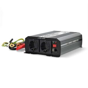 Omvormer Gemodificeerde Sinusgolf | Ingangsvoltage: 12 V DC | Apparaat stroomoutput: Type F (CEE 7/3) / USB-A | 230 V AC 50 Hz | 1000 W | Piekvermogen: 2000 W | Screw Terminal | Zilver