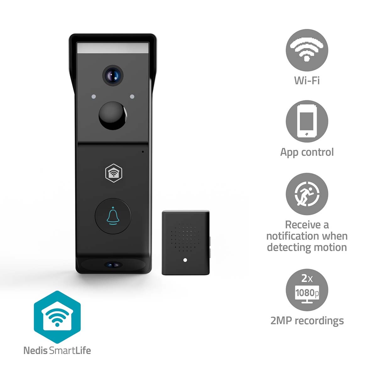 Nedis SmartLife videodeurbel met gong | 2 camera's | batterijvoeding | Wi-Fi | Full HD 1080p - Afbeelding 3