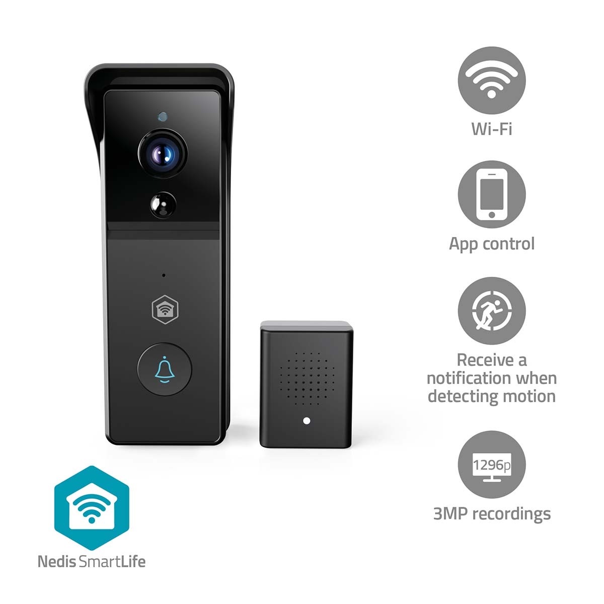 Nedis SmartLife videodeurbel met gong | batterijvoeding | Wi-Fi | 3MP Full HD 1296p - Afbeelding 5
