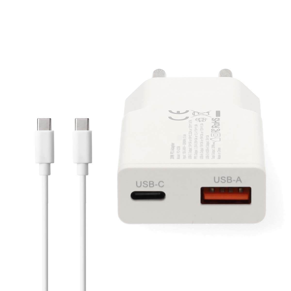 Nedis USB lader | USB-C PD en USB-A QC | incl. USB-C kabel | GaN | 20W | wit - Afbeelding 2