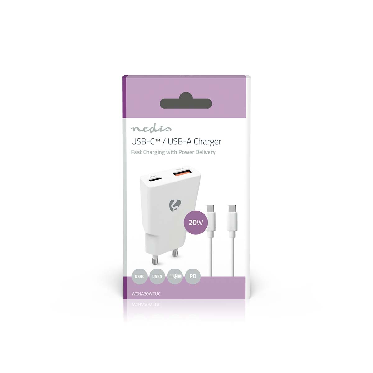 Nedis USB lader | USB-C PD en USB-A QC | incl. USB-C kabel | GaN | 20W | wit - Afbeelding 6
