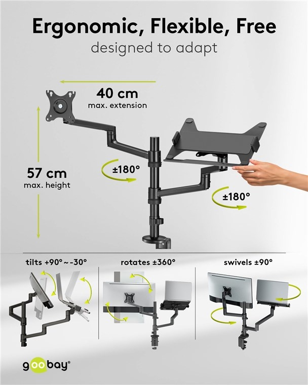 Goobay Pro bureaubeugel voor monitoren tot 32 inch en notebooks tot 17,3 inch | full motion - Afbeelding 3