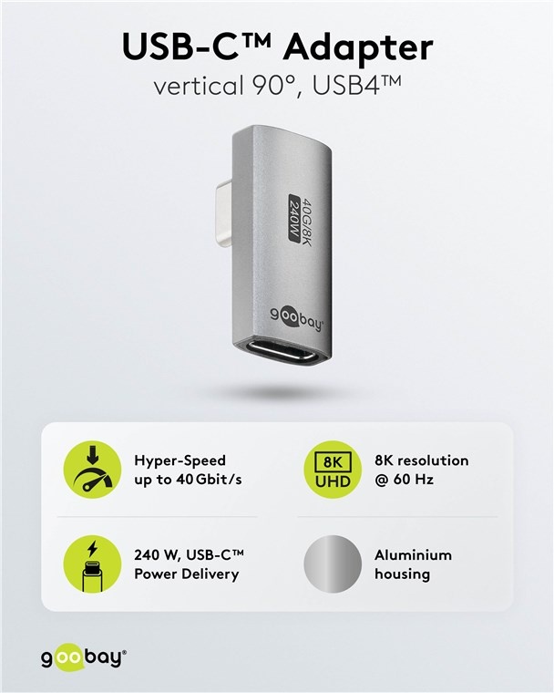 Goobay USB-C haakse adapter | links/rechts (gedraaid) | USB4 40 Gbps | PD 240W | 8K 60Hz | aluminium - Afbeelding 2