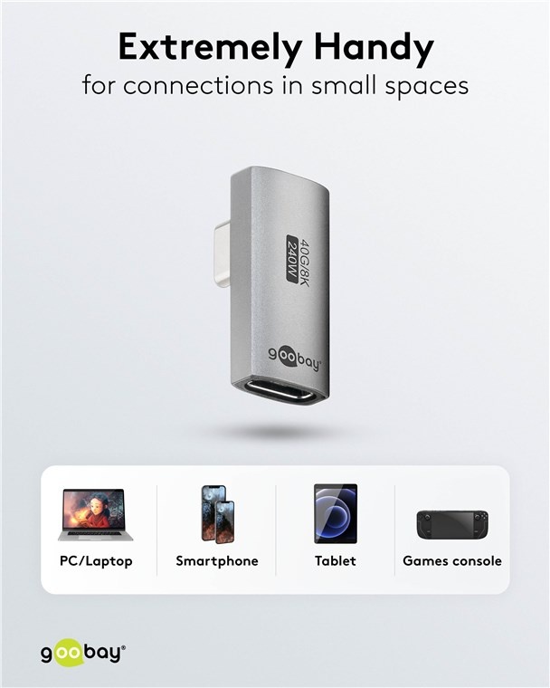 Goobay USB-C haakse adapter | links/rechts (gedraaid) | USB4 40 Gbps | PD 240W | 8K 60Hz | aluminium - Afbeelding 6