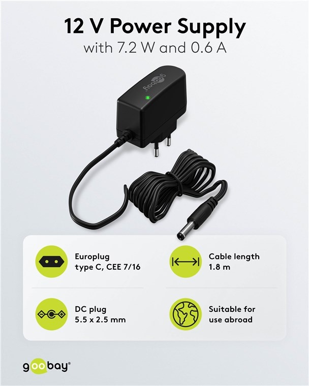 Goobay voedingsadapter | 12V DC | 0,6A | 7,2W | 5,5 x 2,5mm | 1,8 meter - Afbeelding 2