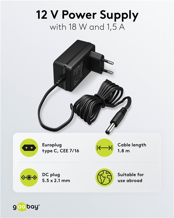 Goobay voedingsadapter | 12V DC | 1,5A | 18W | 5,5 x 2,1mm | 1,8 meter - Afbeelding 2