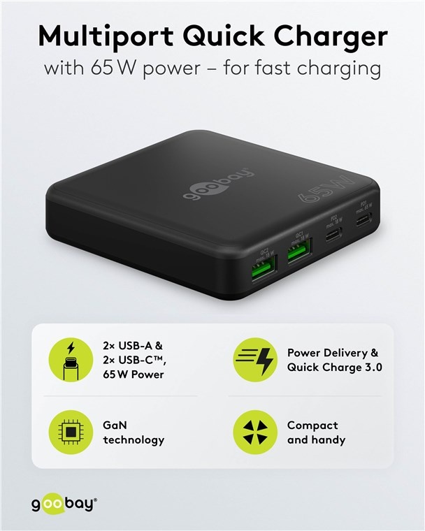 Goobay USB lader | 2x USB-C PD en 2x USB-A QC | GaN | 65W | zwart - Afbeelding 2